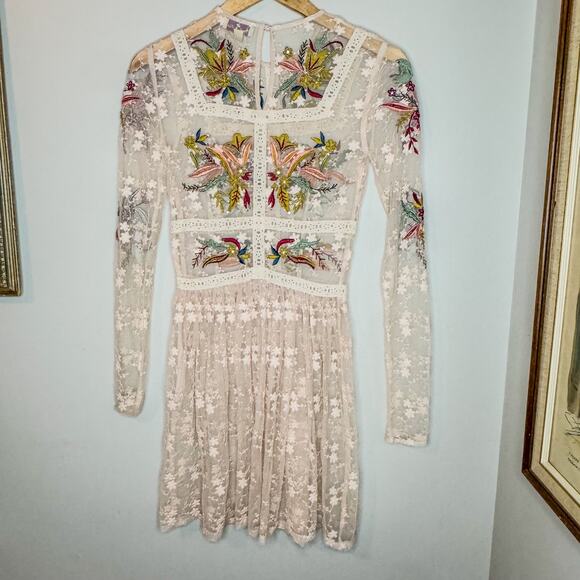 Frock and Frill Dresses & Skirts - Frock and Frill Floral Embroidered Beaded Mesh Mini Dress Long Sleeve Size 6